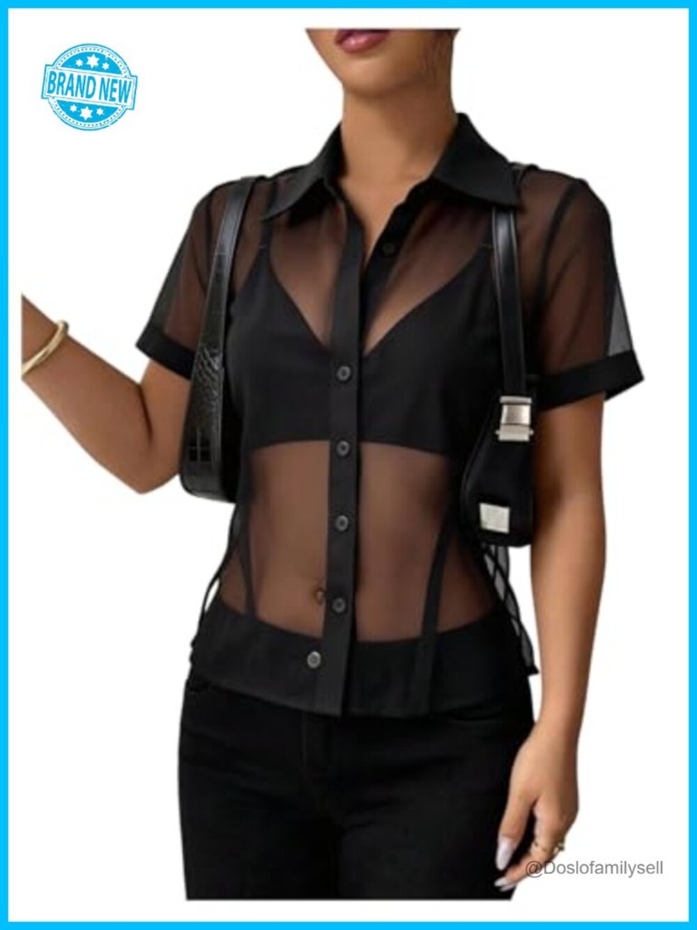 Sheer Mesh Button Down Blouse Collared Short Sleeve Going Out Top